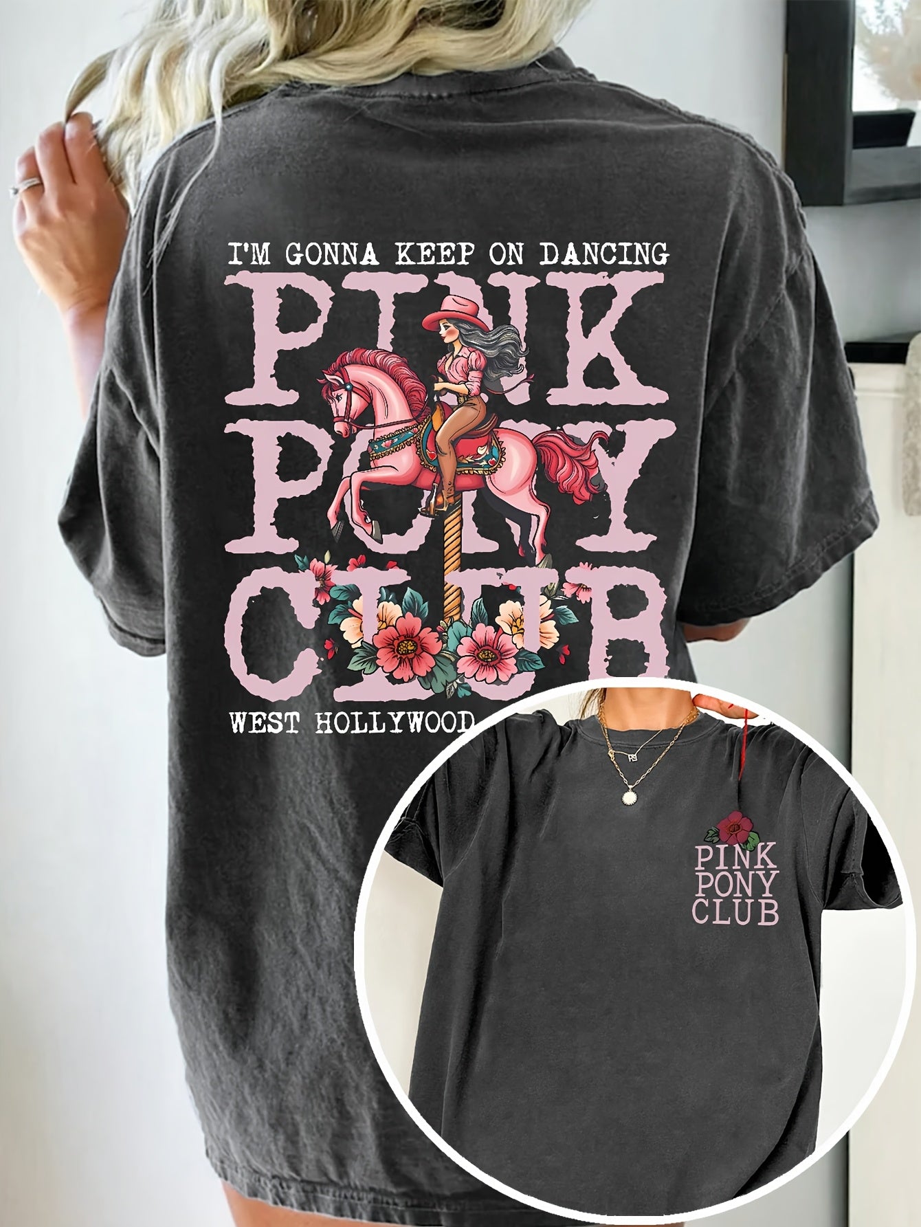 Women's Casual Oversized Drop Shoulder T-Shirt - Pink Pony Club Graphic & Floral Letter Print, Dark Grey Round Neck Summer Tee, Machine Washable, Ladies T Shirts, Everyday Comfort, Offshoulder Top, Relaxed Fit Shirt